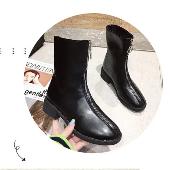 New Front Zipper Round Toe Chunky Heel All-match Mid-Cut Martin Boots - Picture 6 of 8